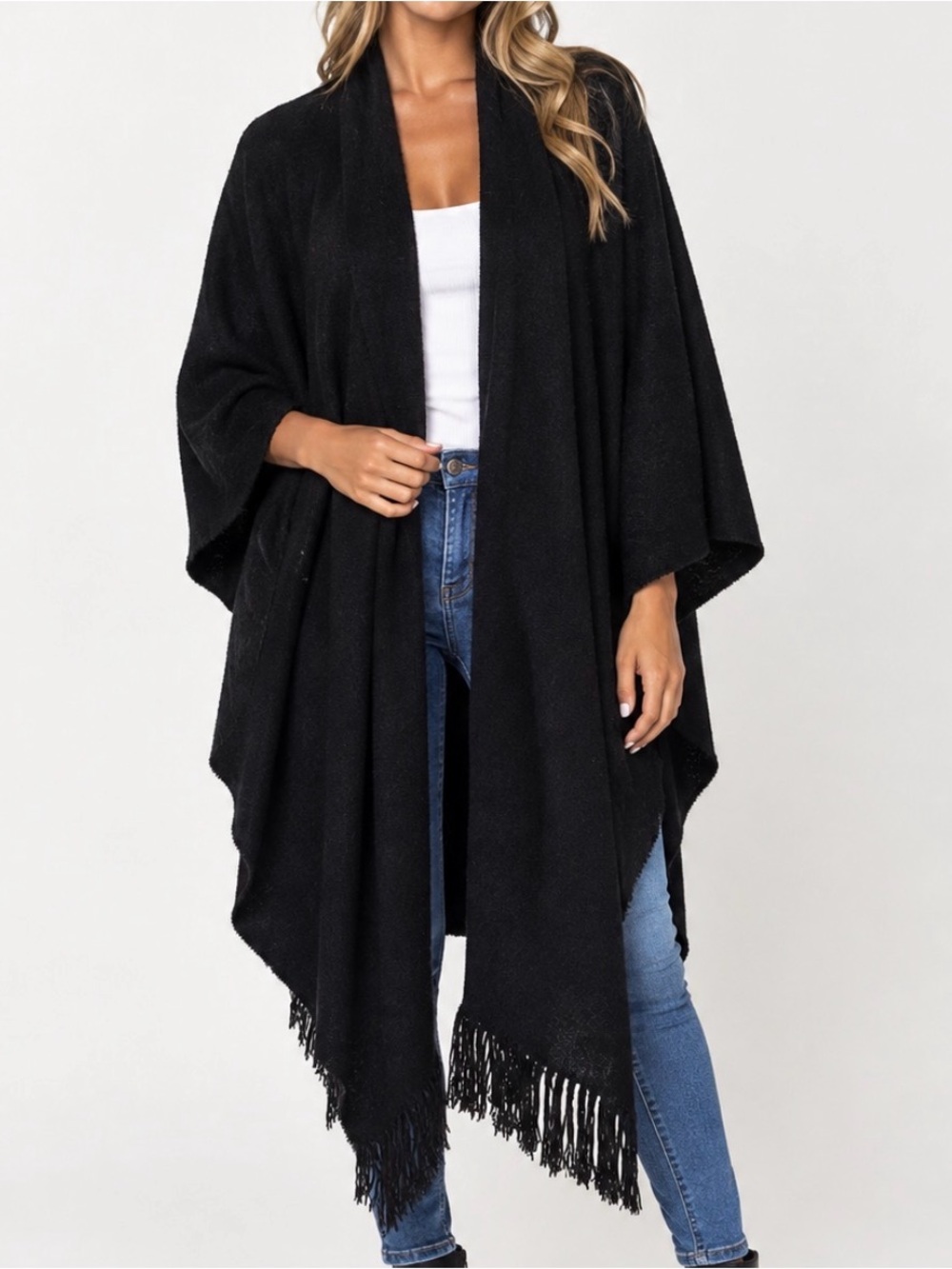 Black Fringed Open-Front Women's Sweater Wrap poncho shawl wool blend OSFM